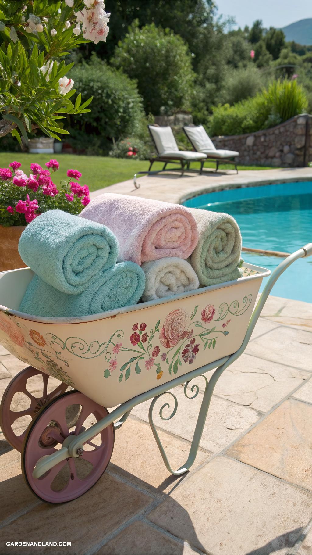 pool towel rack ideas Decorative wheelbarrow for towel storage