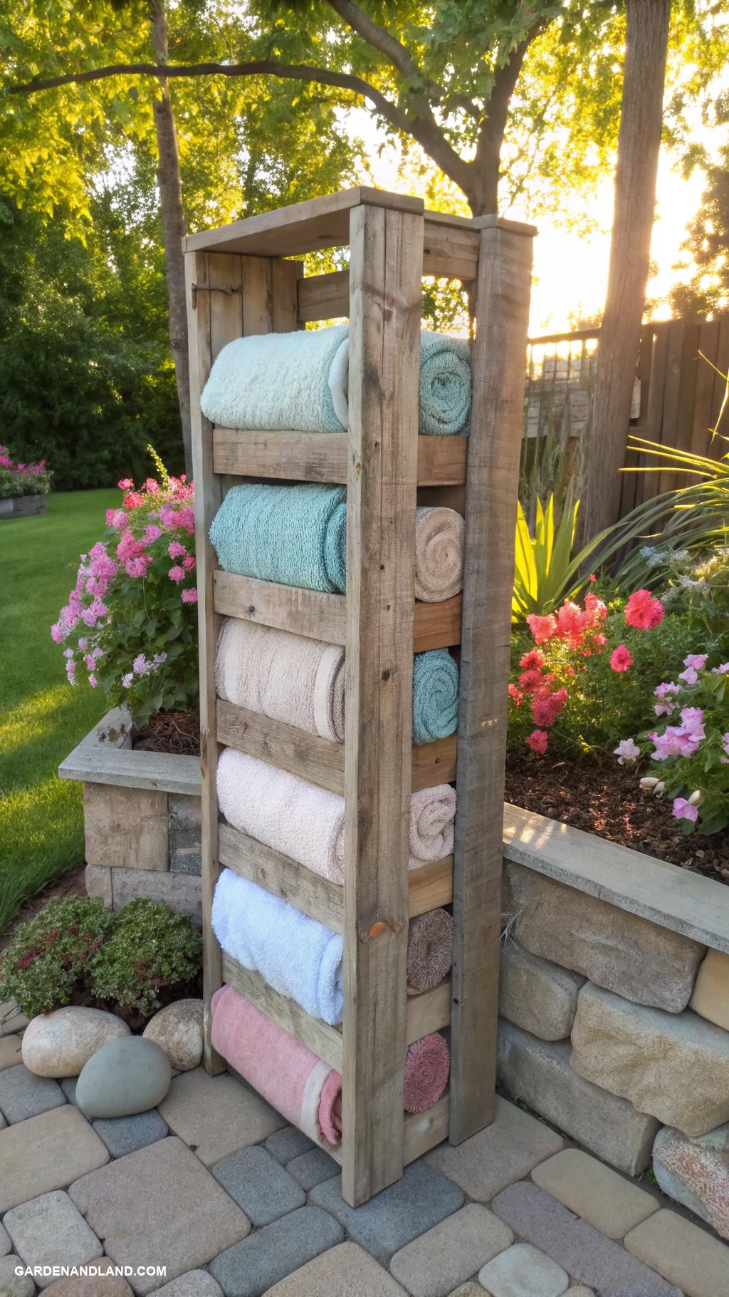 pool towel rack ideas Vertical wooden pallet towel storage