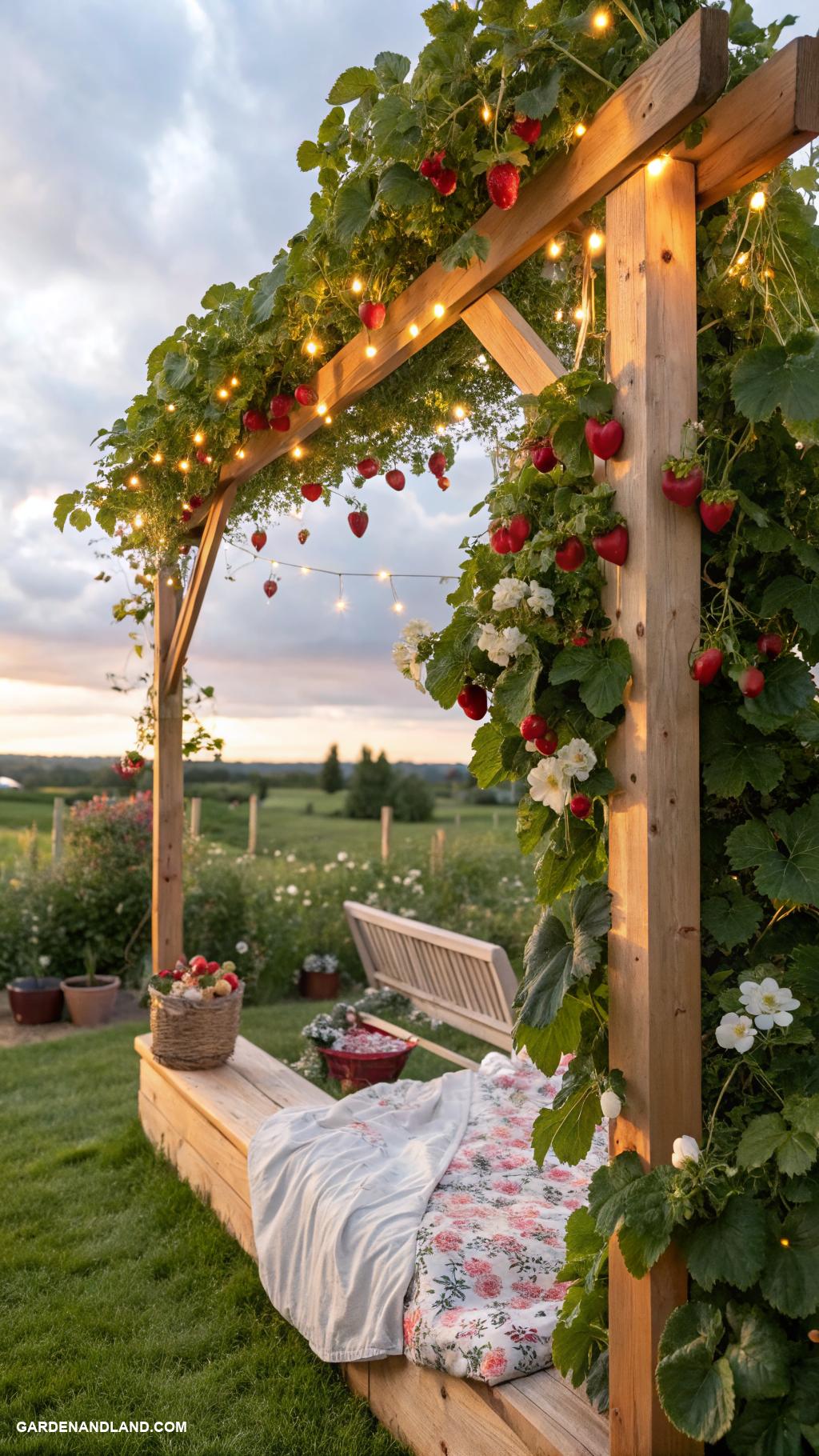 strawberry patch ideas Strawberry trellis with string lights
