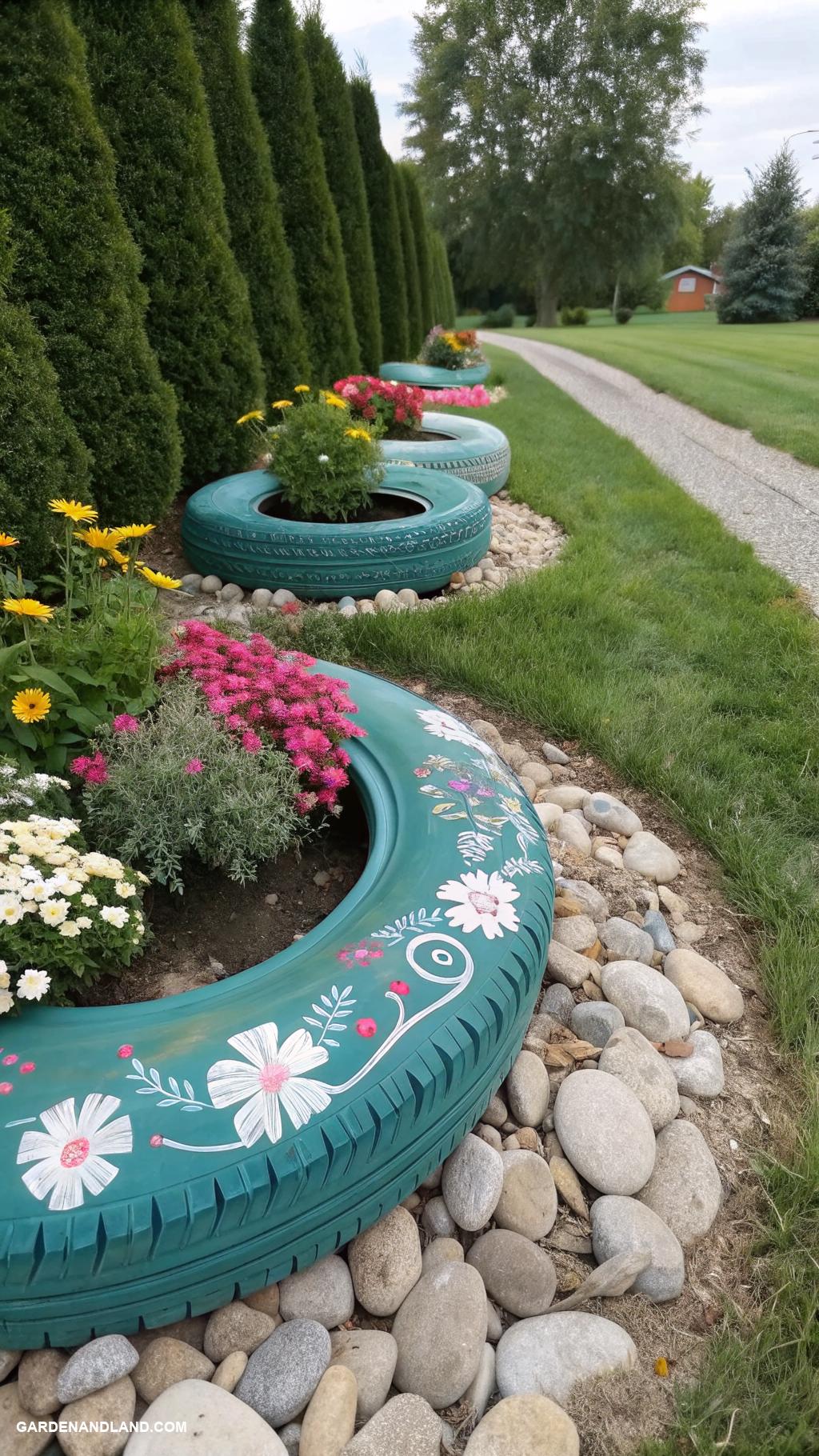 tire planters Circular tire border for garden paths