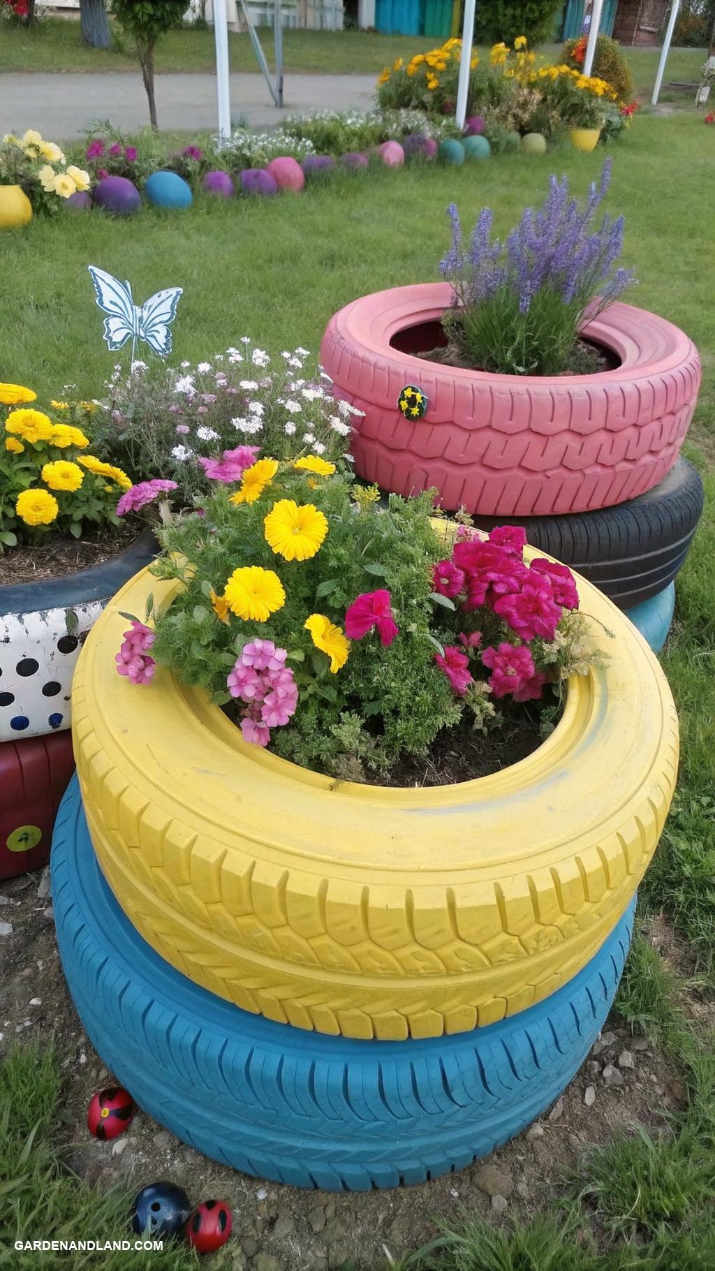 tire planters Colorful tiered flower bed using tires
