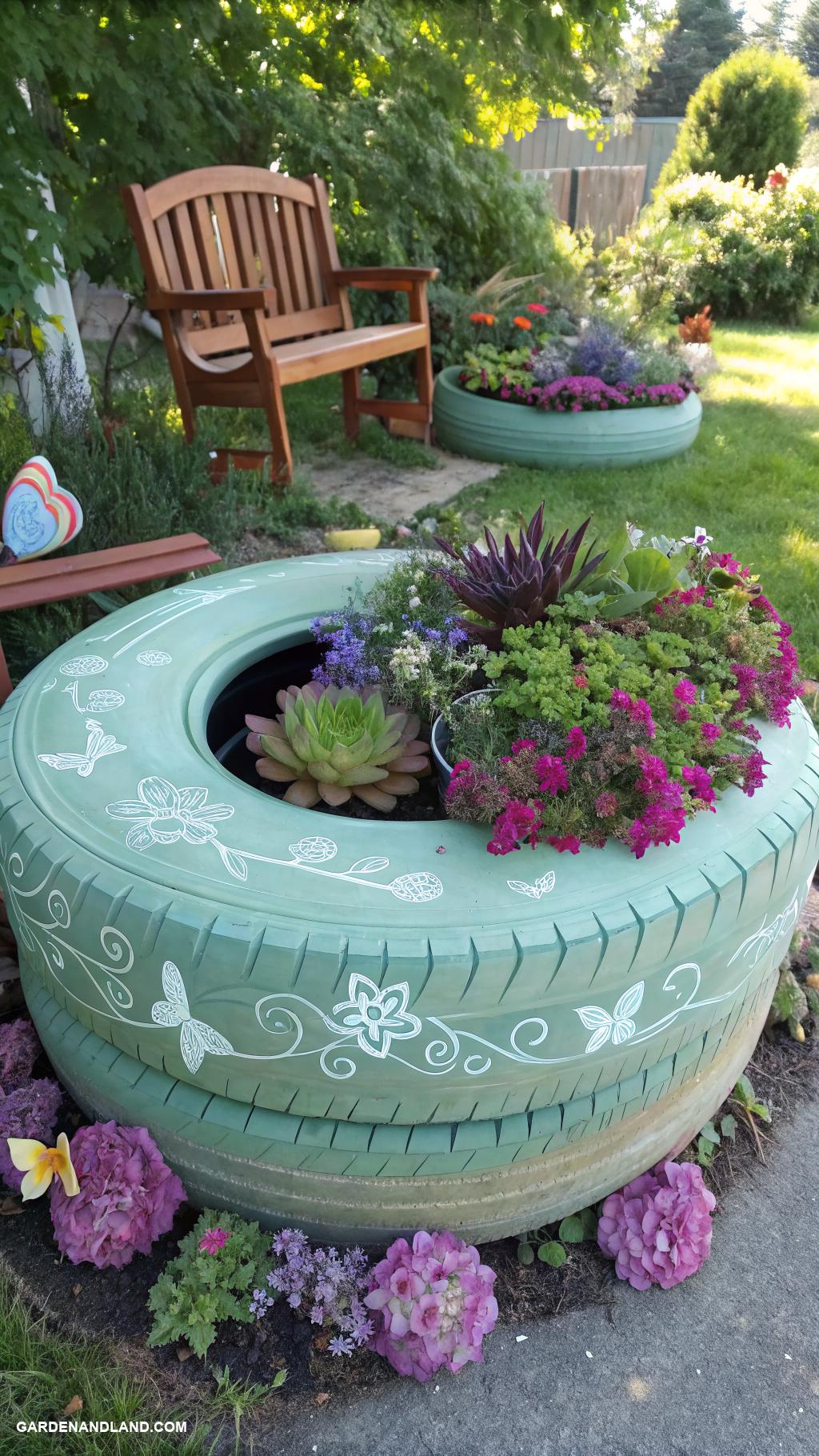 tire planters Painted tire sculptures with succulents