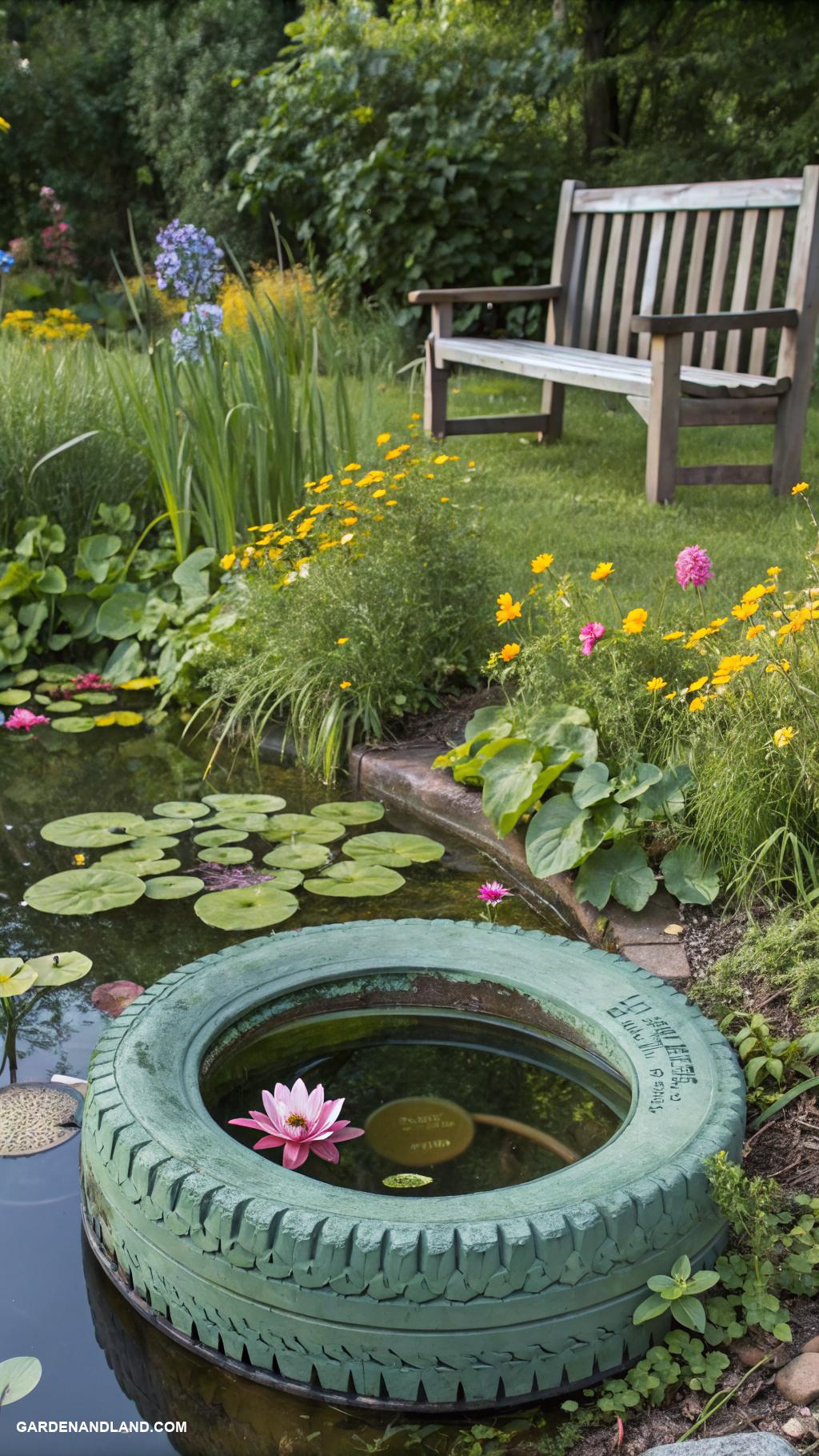 tire planters Repurposed tire pond with water plants