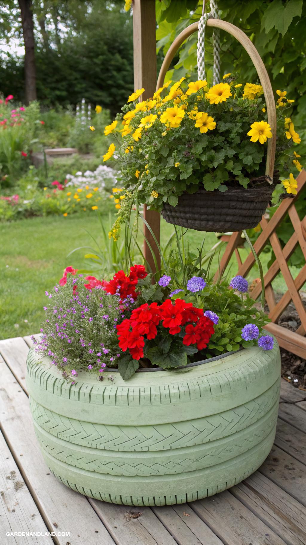 tire planters Tire basket filled with vibrant blooms
