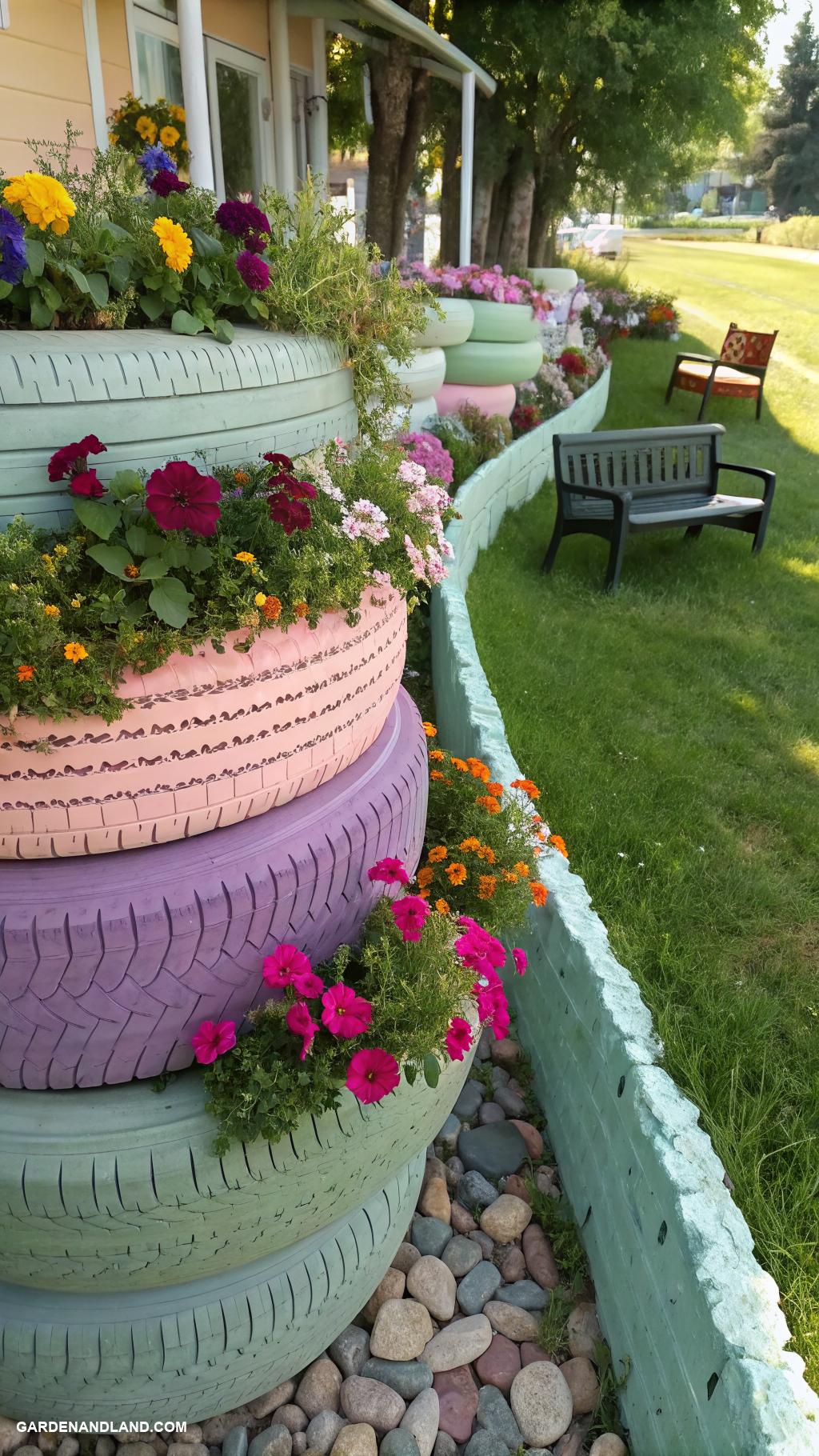tire planters Tire planter wall for decorative flowers