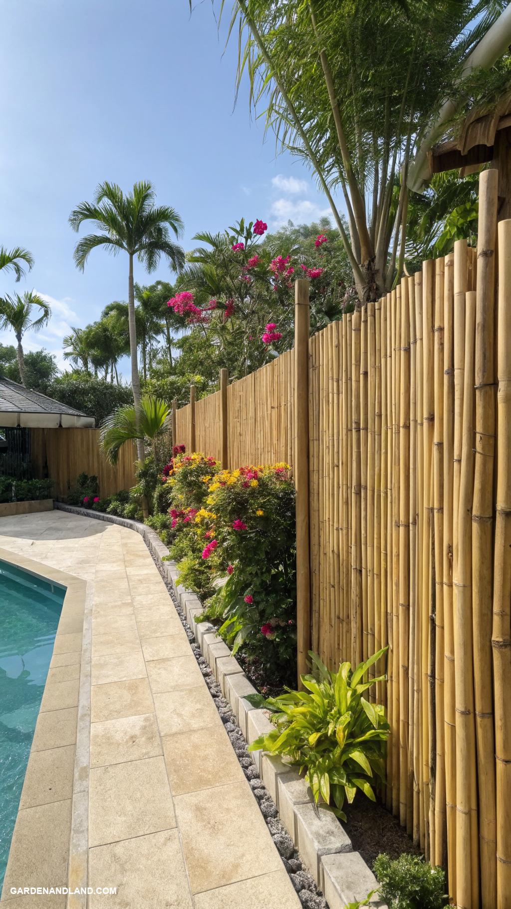 tropical landscaping around pool Bamboo fencing for privacy and style