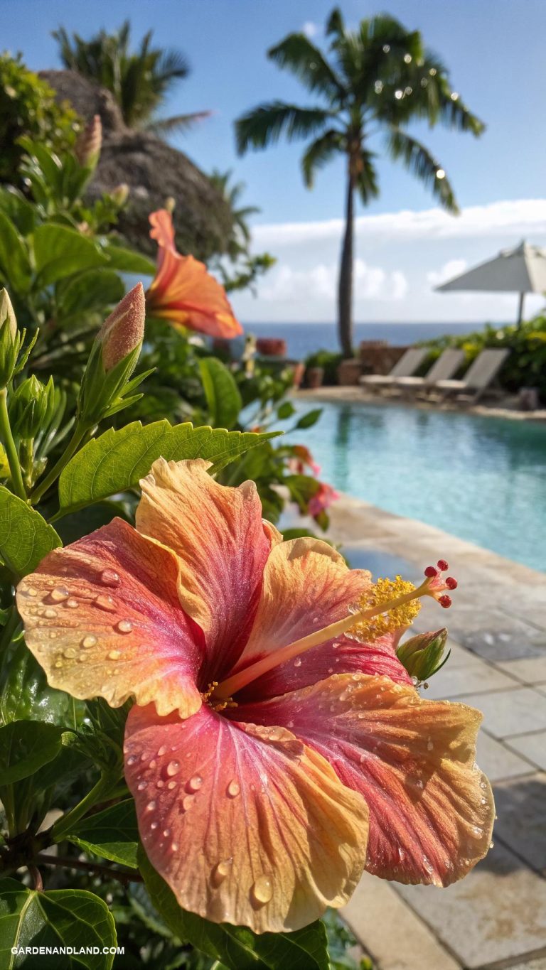 tropical landscaping around pool Colorful hibiscus flowers for bright accents