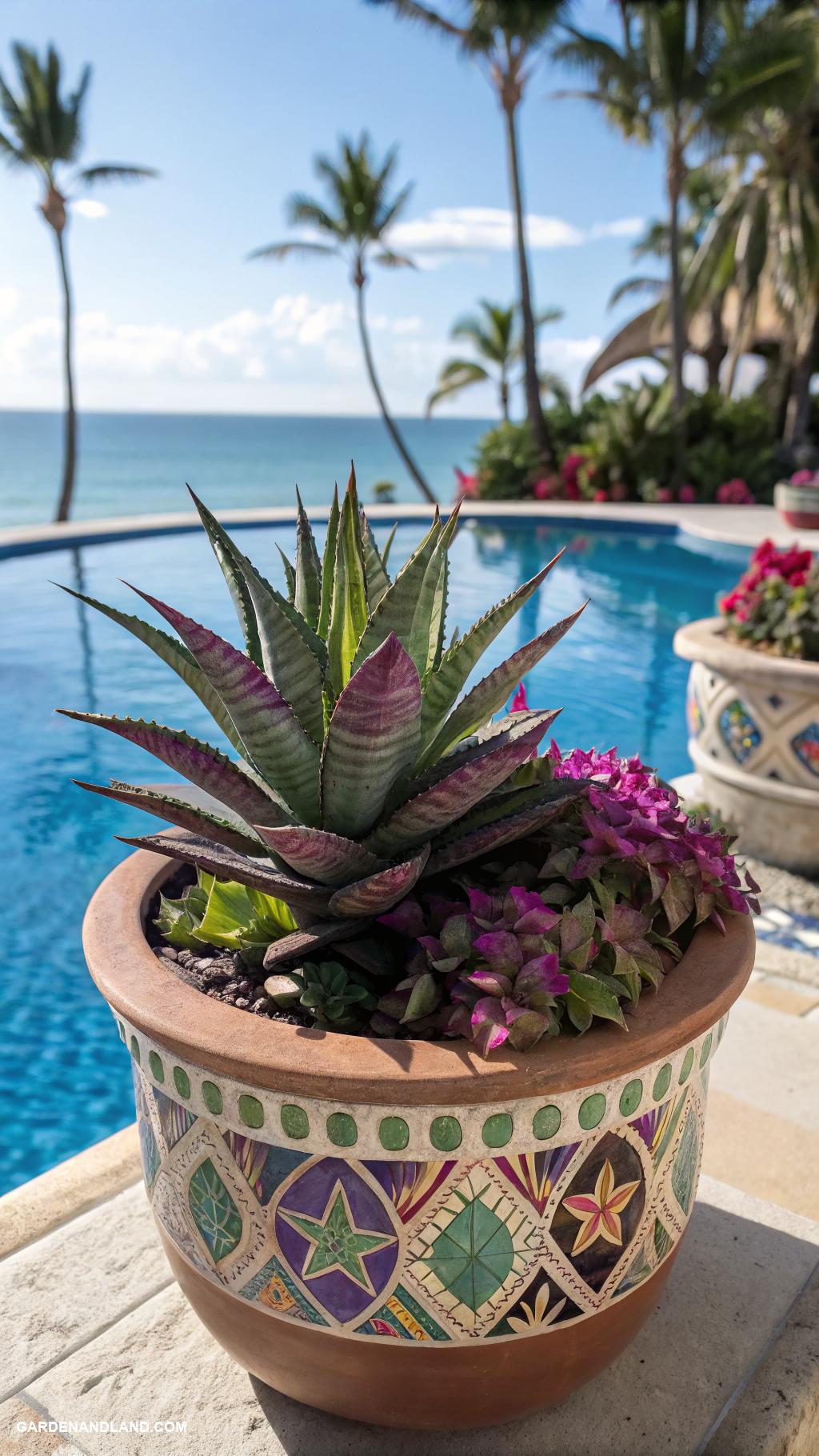 tropical landscaping around pool Exotic succulents in decorative planters