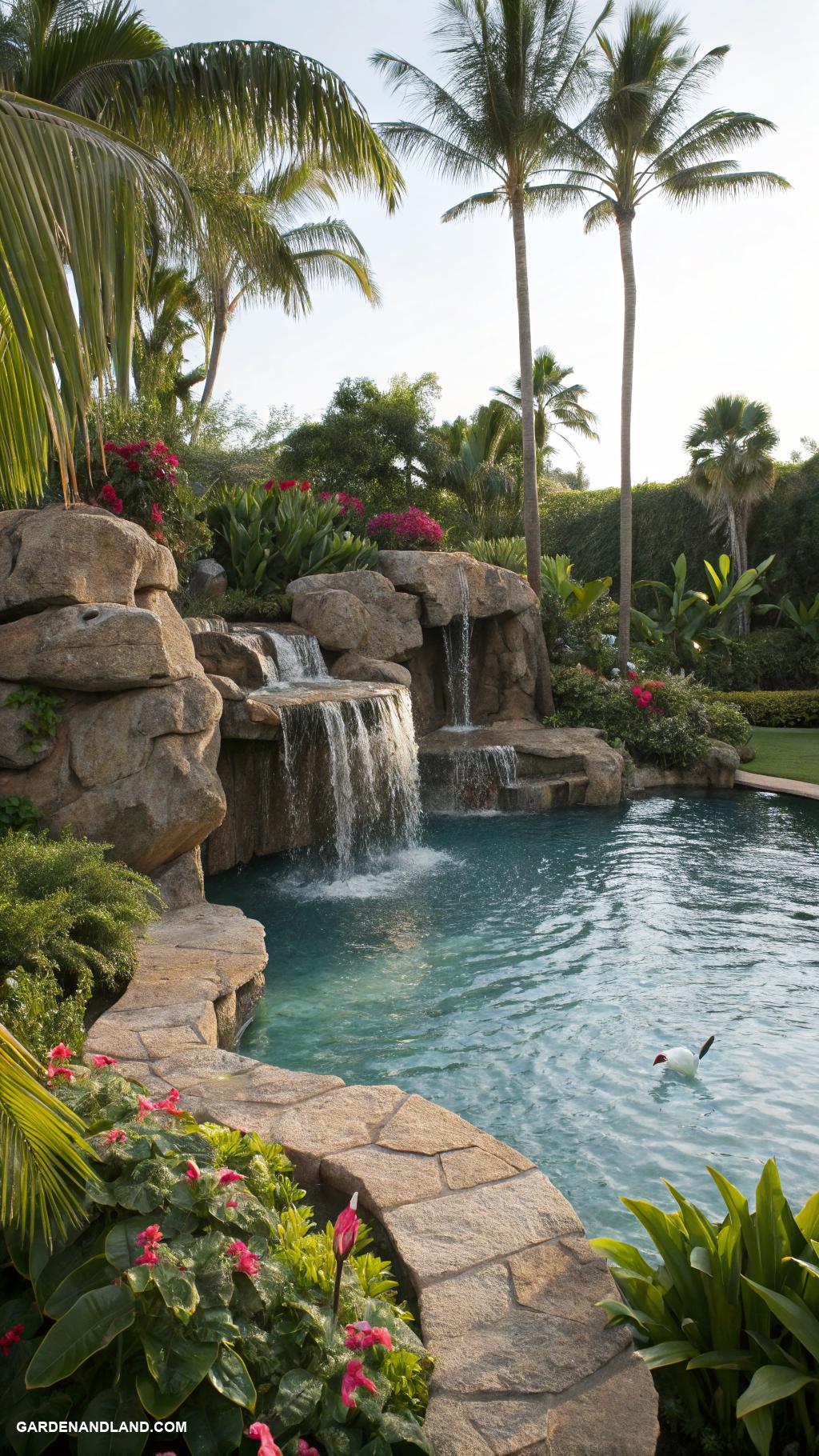 tropical landscaping around pool Lagoon style pool with waterfalls and rocks