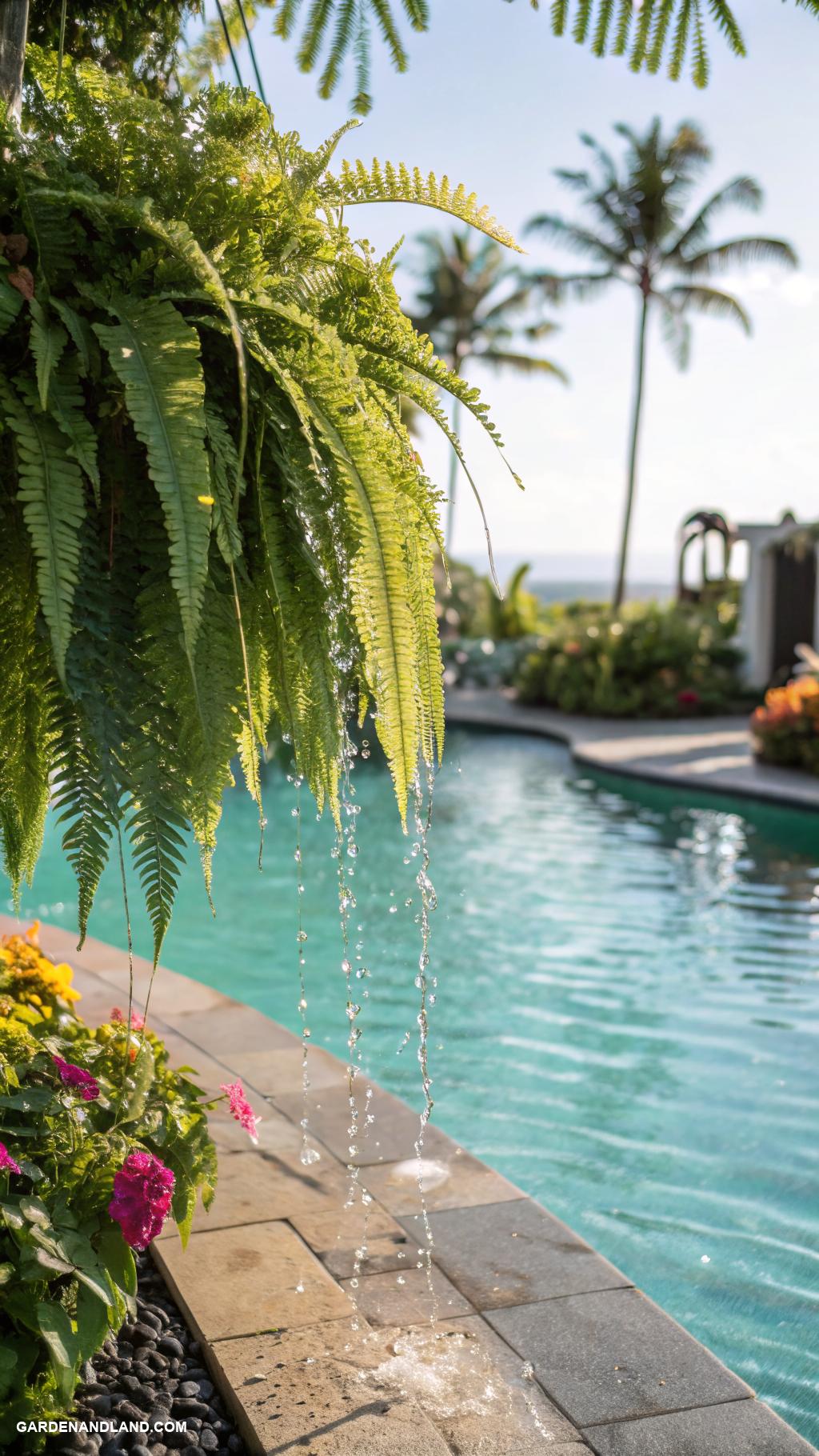 tropical landscaping around pool Lush ferns cascading over pool edges