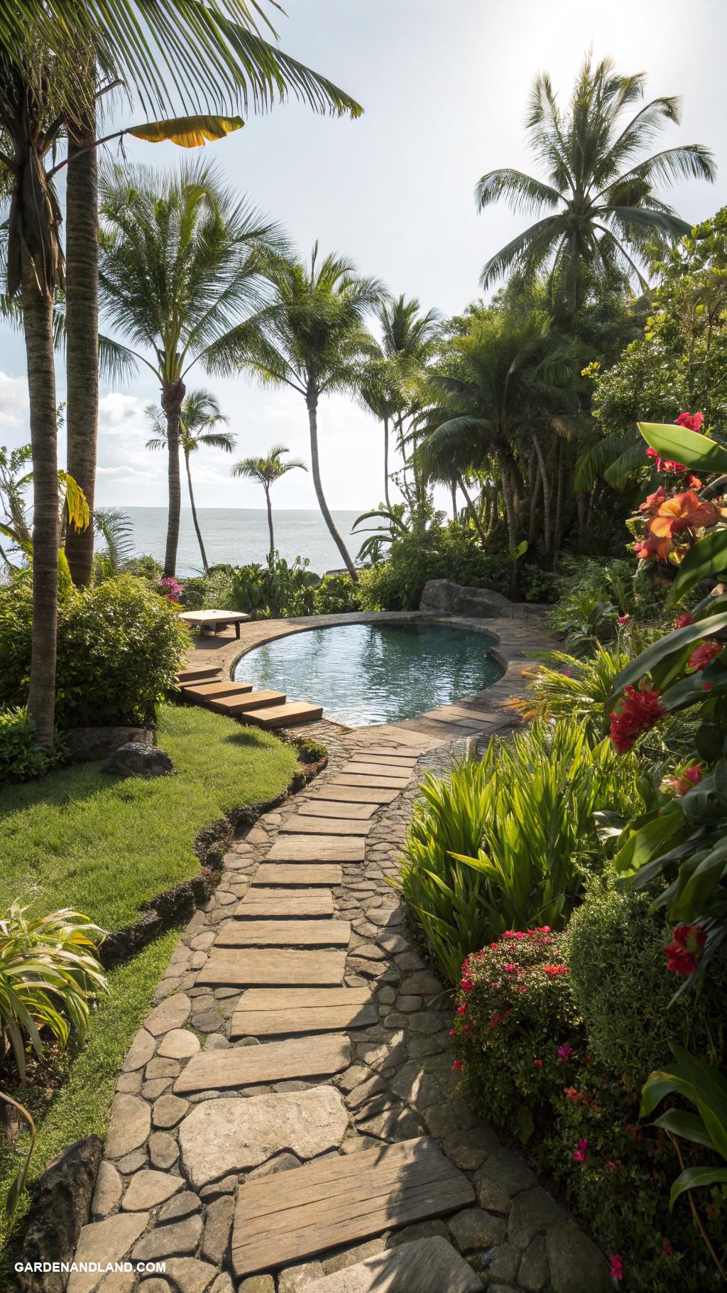 tropical landscaping around pool Natural stone pathways leading to pool