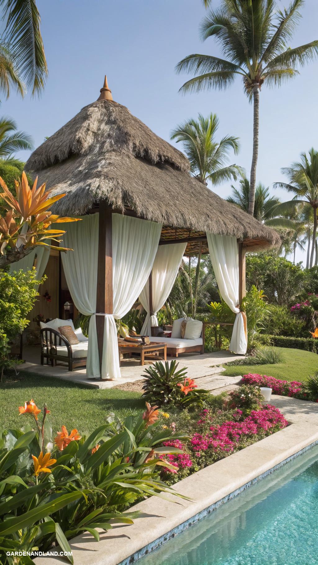 tropical landscaping around pool Thatched roof cabana for shade and relaxation