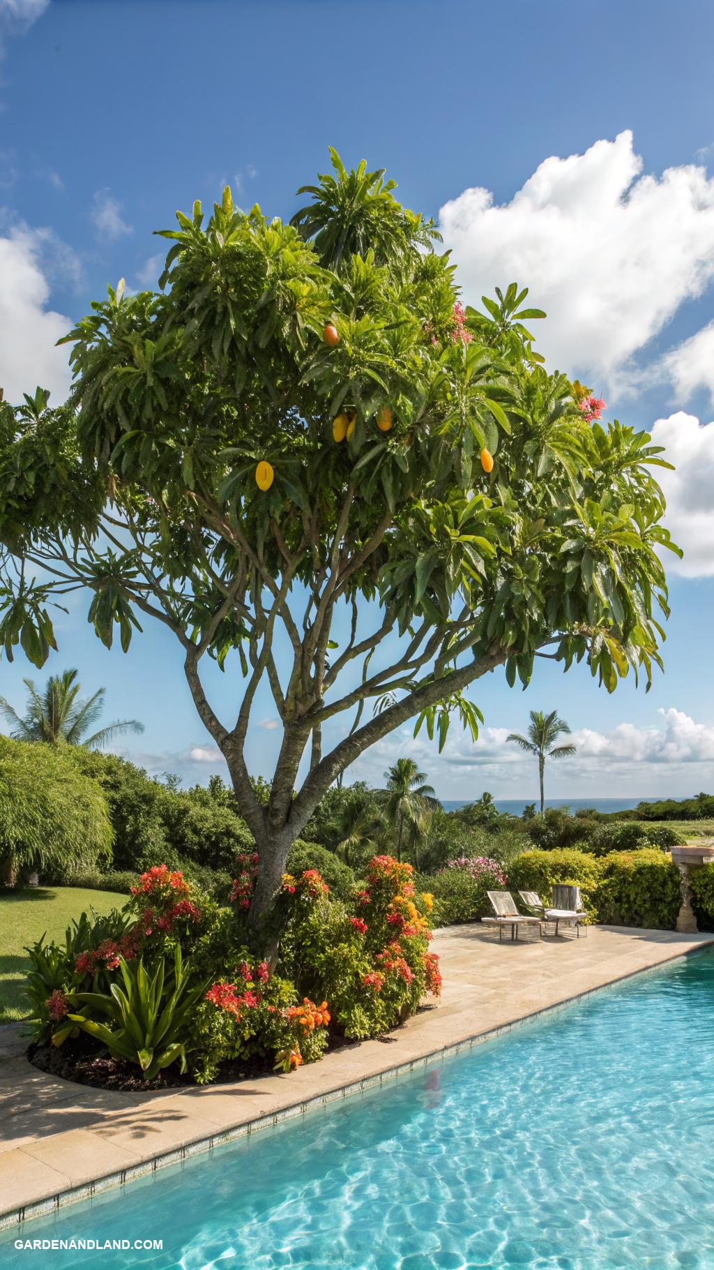 tropical landscaping around pool Tropical fruit trees for beauty and shade
