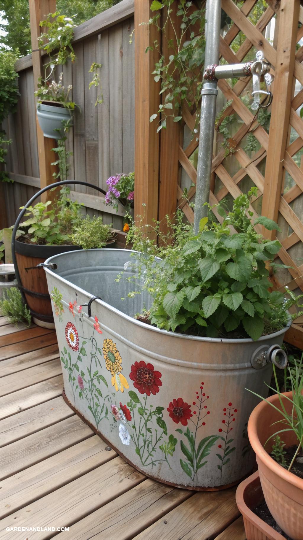 wash tub planter ideas DIY wash tub rainwater collector