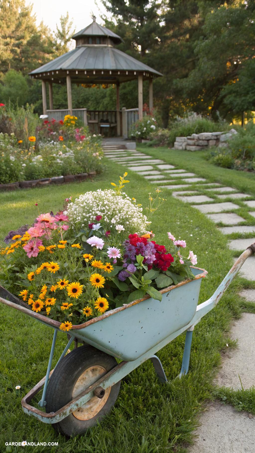 wheelbarrow planter ideas Colorful flowers spilling from a vintage wheelbarrow