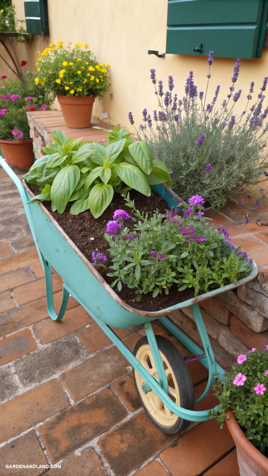 wheelbarrow planter ideas Herb wheelbarrow on a garden patio