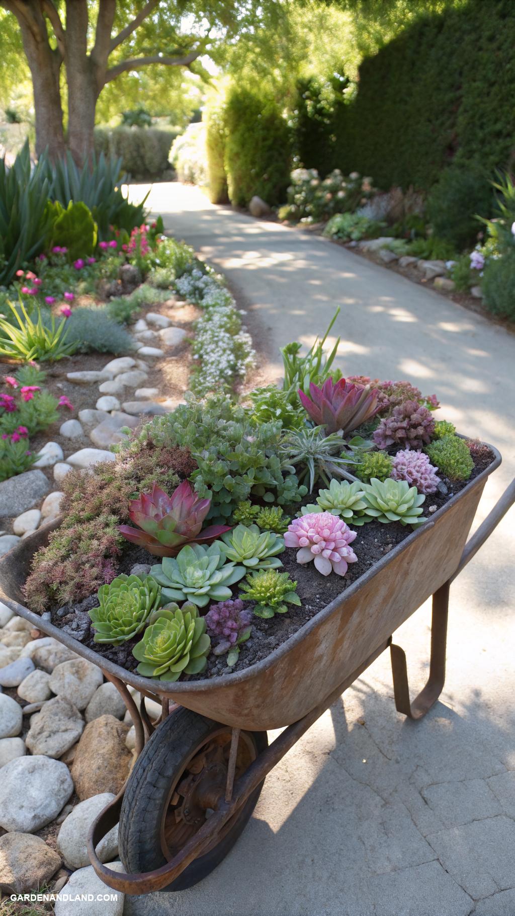 wheelbarrow planter ideas Mini succulent garden in a metal wheelbarrow
