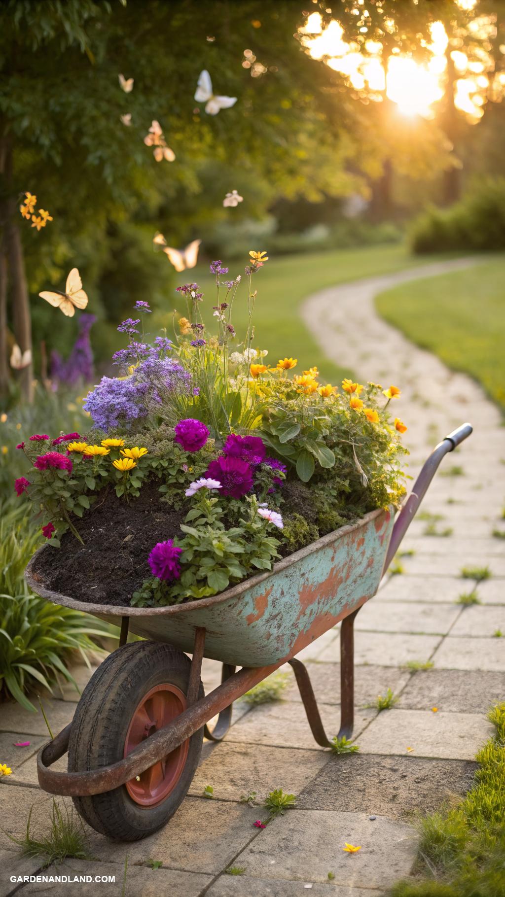 wheelbarrow planter ideas Recycled tire wheelbarrow with wildflowers
