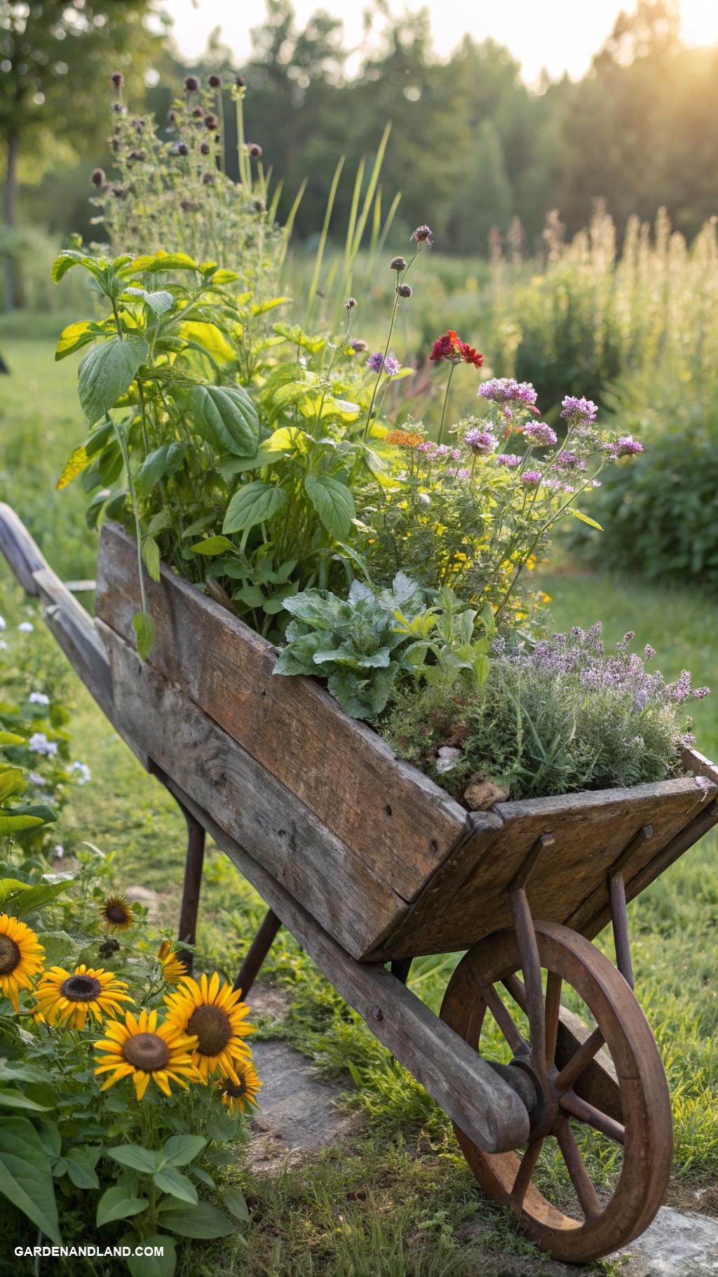 wheelbarrow planter ideas Rustic wooden wheelbarrow planted with herbs