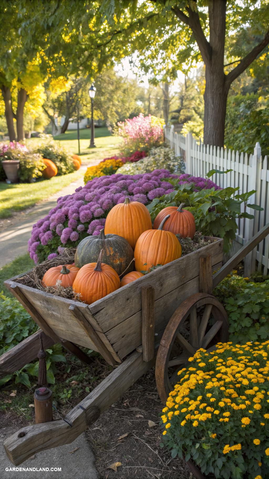wheelbarrow planter ideas Seasonal pumpkins displayed in a wheelbarrow