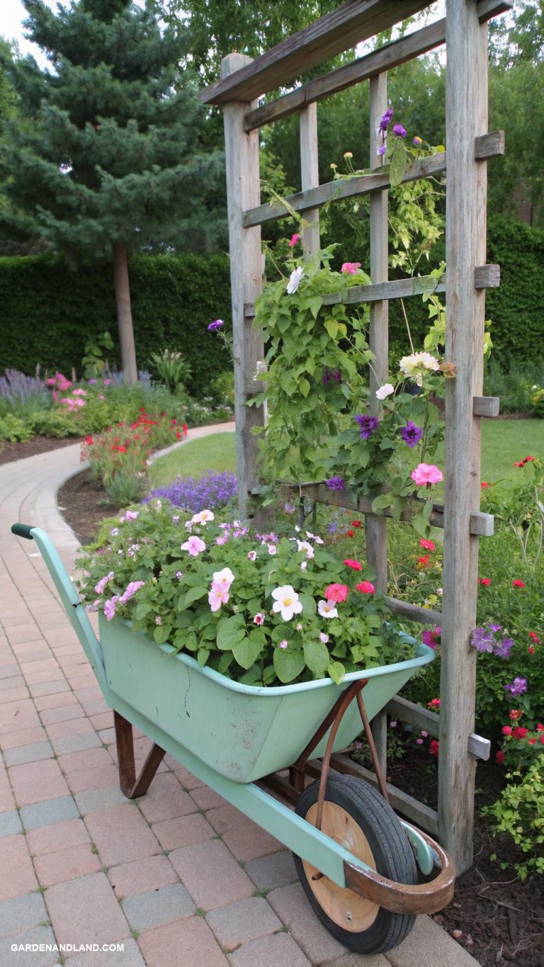 wheelbarrow planter ideas Trellis attached to a wheelbarrow for climbing plants