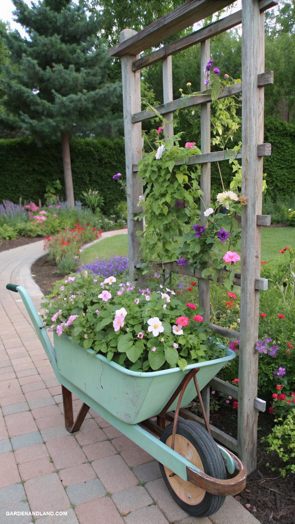 wheelbarrow planter ideas Trellis attached to a wheelbarrow for climbing plants