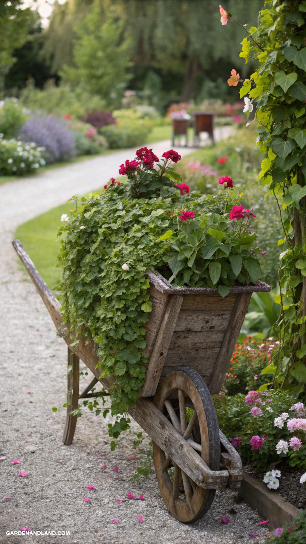 wheelbarrow planter ideas Vertical planter wheelbarrow with cascading vines